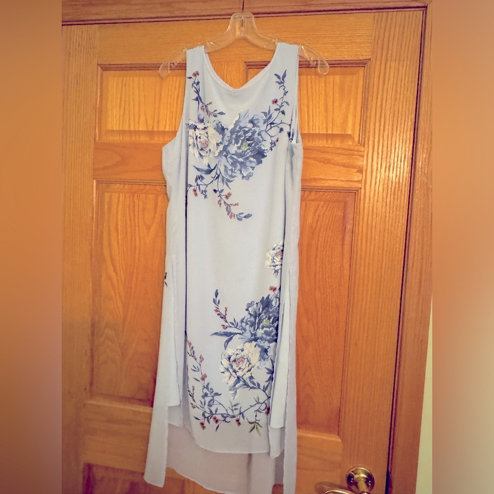 Blue, lined, floral accent summer sleeveless dress